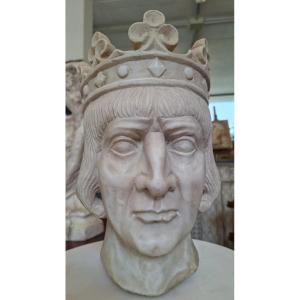 Marble Sculpture: Crowned Head Of A Medieval King