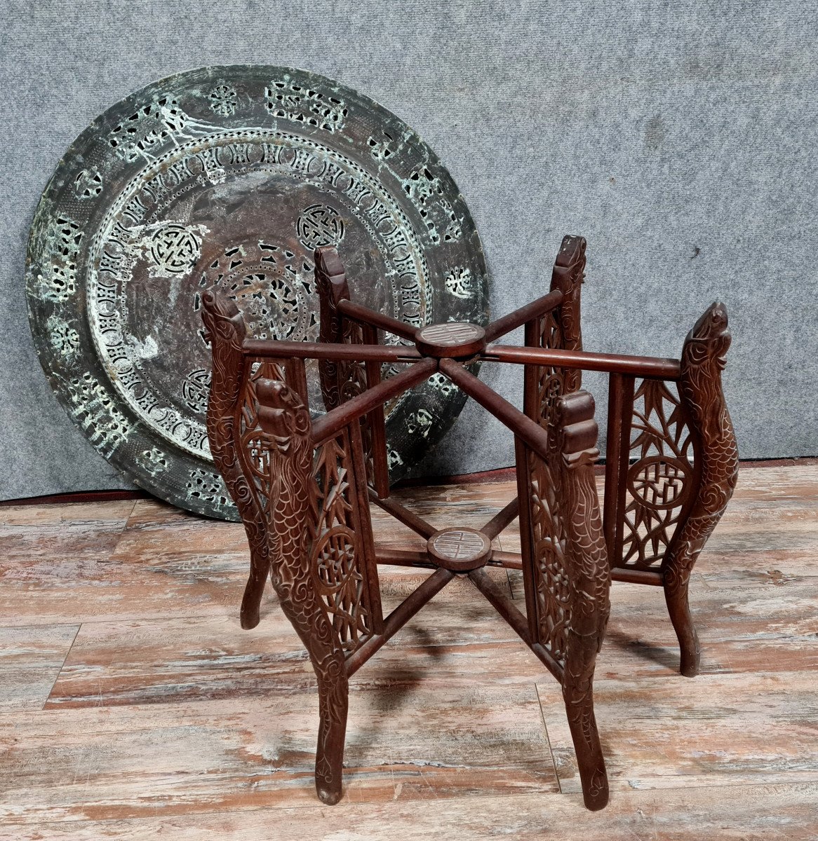 Grande Table A Thé Orientaliste (chine) En Bois Sculpté Et Cuivre -photo-4