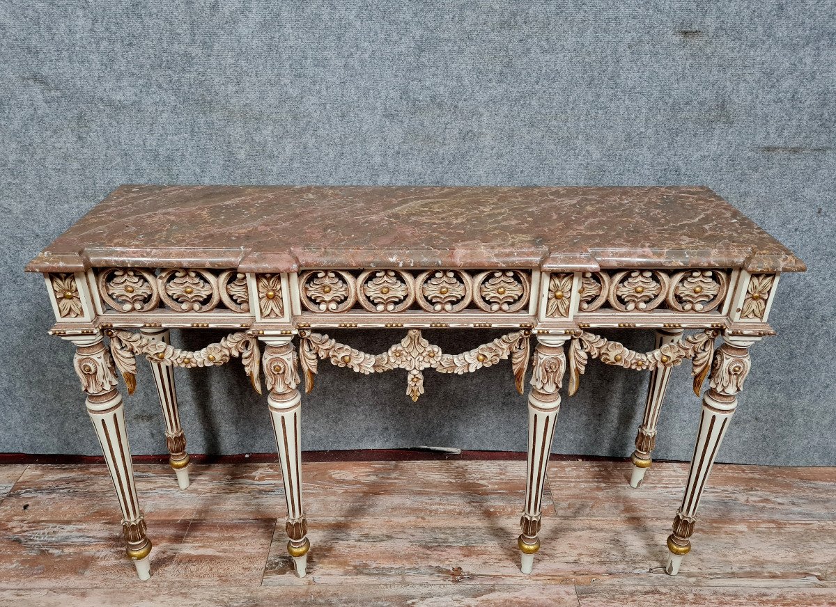 Large Louis XVI Style Console In Lacquered And Gilded Wood 20th Century-photo-1