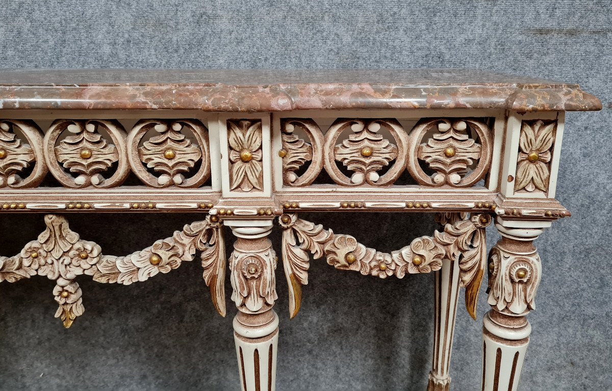 Large Louis XVI Style Console In Lacquered And Gilded Wood 20th Century-photo-2
