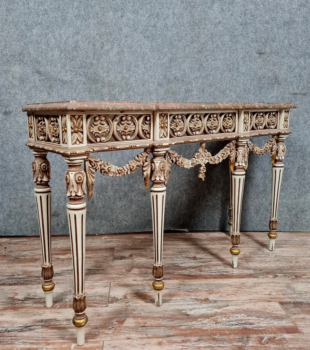 Large Louis XVI Style Console In Lacquered And Gilded Wood 20th Century-photo-5