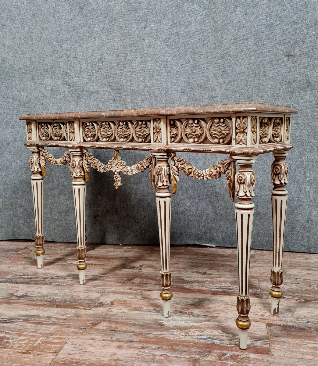 Large Louis XVI Style Console In Lacquered And Gilded Wood 20th Century-photo-6