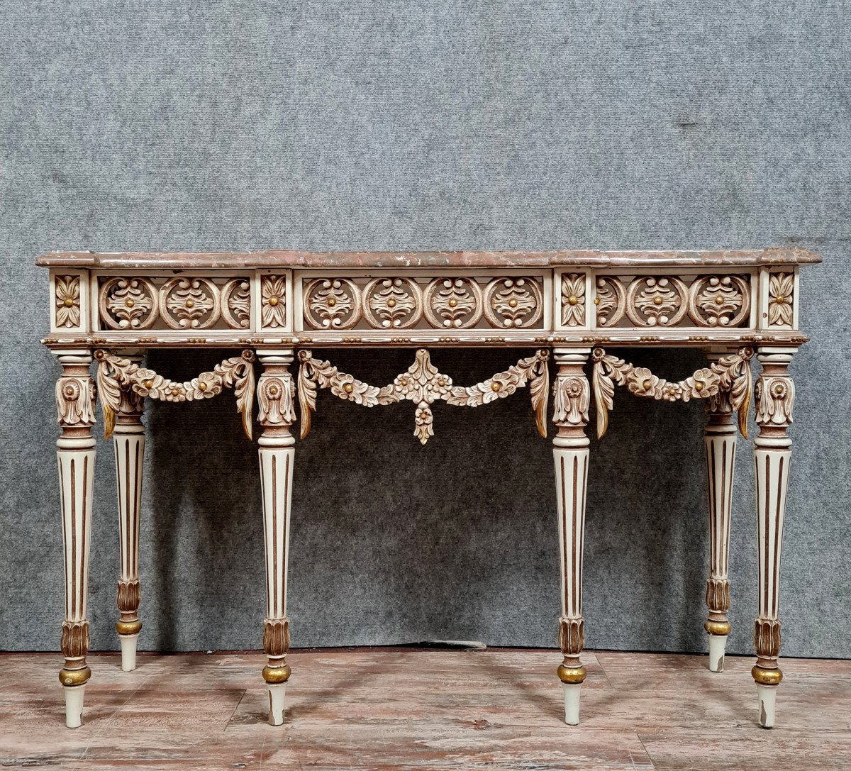 Large Louis XVI Style Console In Lacquered And Gilded Wood 20th Century