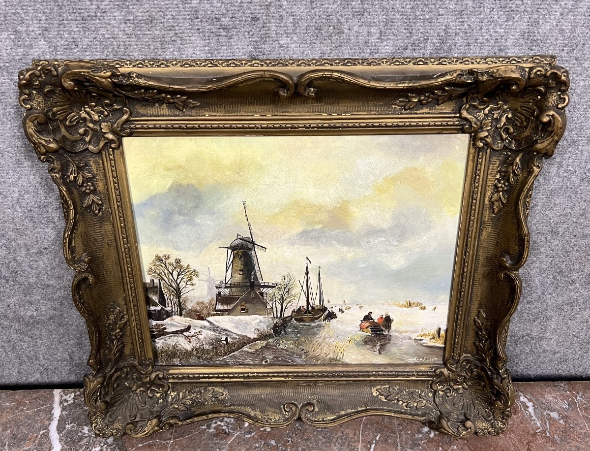 Jentje Van Der Sloot 1881-1962: Oil On Panel Winter Landscape-photo-3