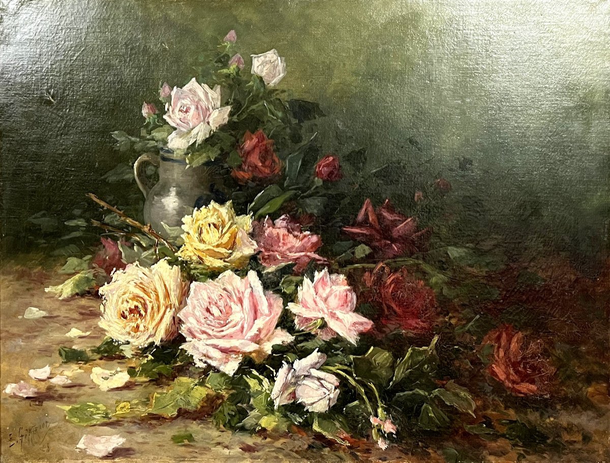 Emile Gauffriaud (1877-1957) : Grande Huile Sur Toile Nature Morte Aux Roses Datée De 1918 -photo-1