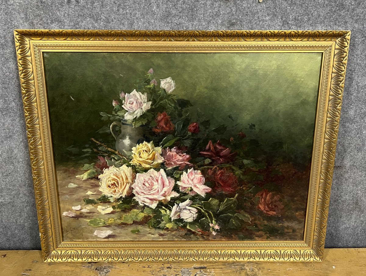 Emile Gauffriaud (1877-1957) : Grande Huile Sur Toile Nature Morte Aux Roses Datée De 1918 -photo-4