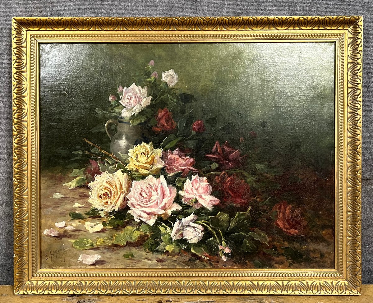 Emile Gauffriaud (1877-1957) : Grande Huile Sur Toile Nature Morte Aux Roses Datée De 1918 