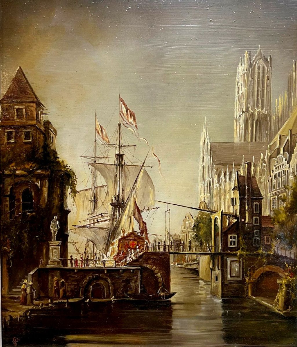 19th Century Flemish School: Lively Port Scene With A Cathedral In The Background-photo-4