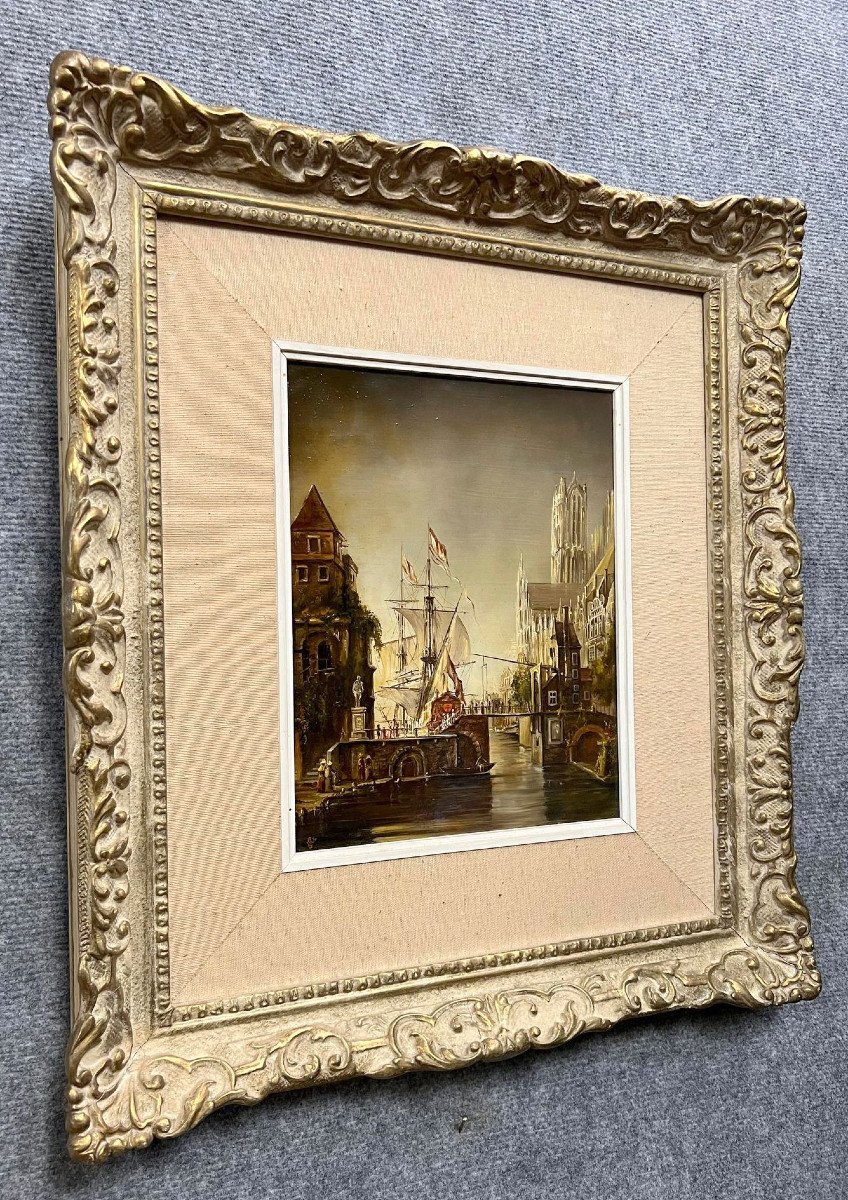 19th Century Flemish School: Lively Port Scene With A Cathedral In The Background-photo-6