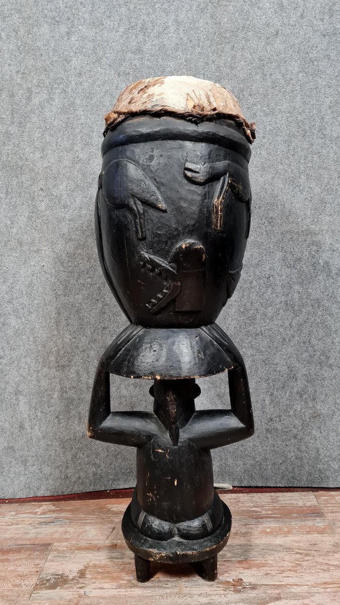 Afrique Centrale Vers 1900 : Importante Statue Senoufo Perchée d'Un Tam-tam  -photo-4