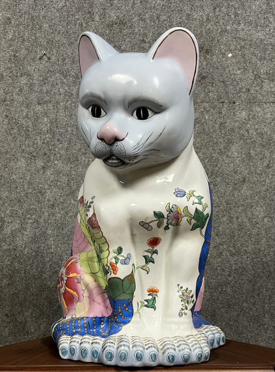 Asie : Importante Sculpture En Porcelaine Chinoise Figurant Un Chat (seconde Moitié XXeme)-photo-1