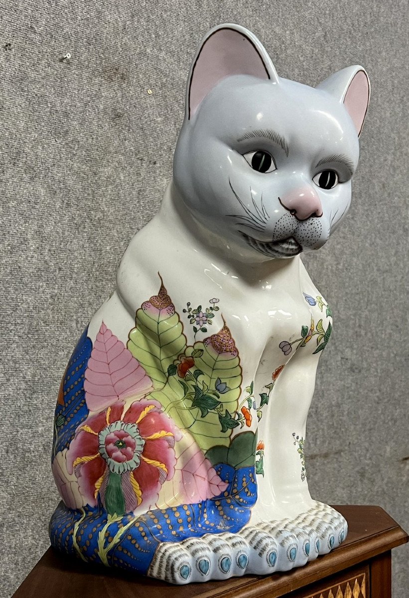 Asie : Importante Sculpture En Porcelaine Chinoise Figurant Un Chat (seconde Moitié XXeme)-photo-2