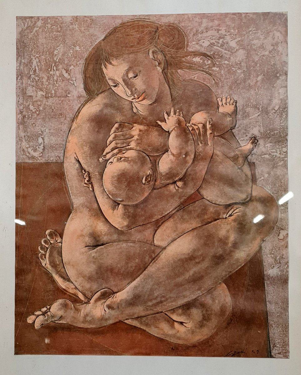Large Watercolor Dated 1951 And Signed Depicting A Maternity -photo-1