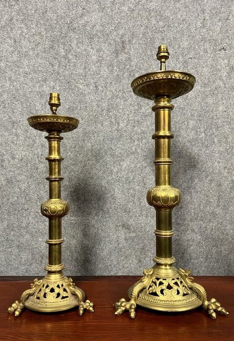 Important Pair Of Church Candlesticks In Bronze And Gilt Brass Empire Period 