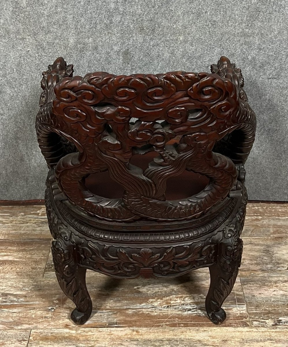 Rare Fauteuil Chinois Ancien Estampillé En Bois De Fer Richement Sculpté -photo-6