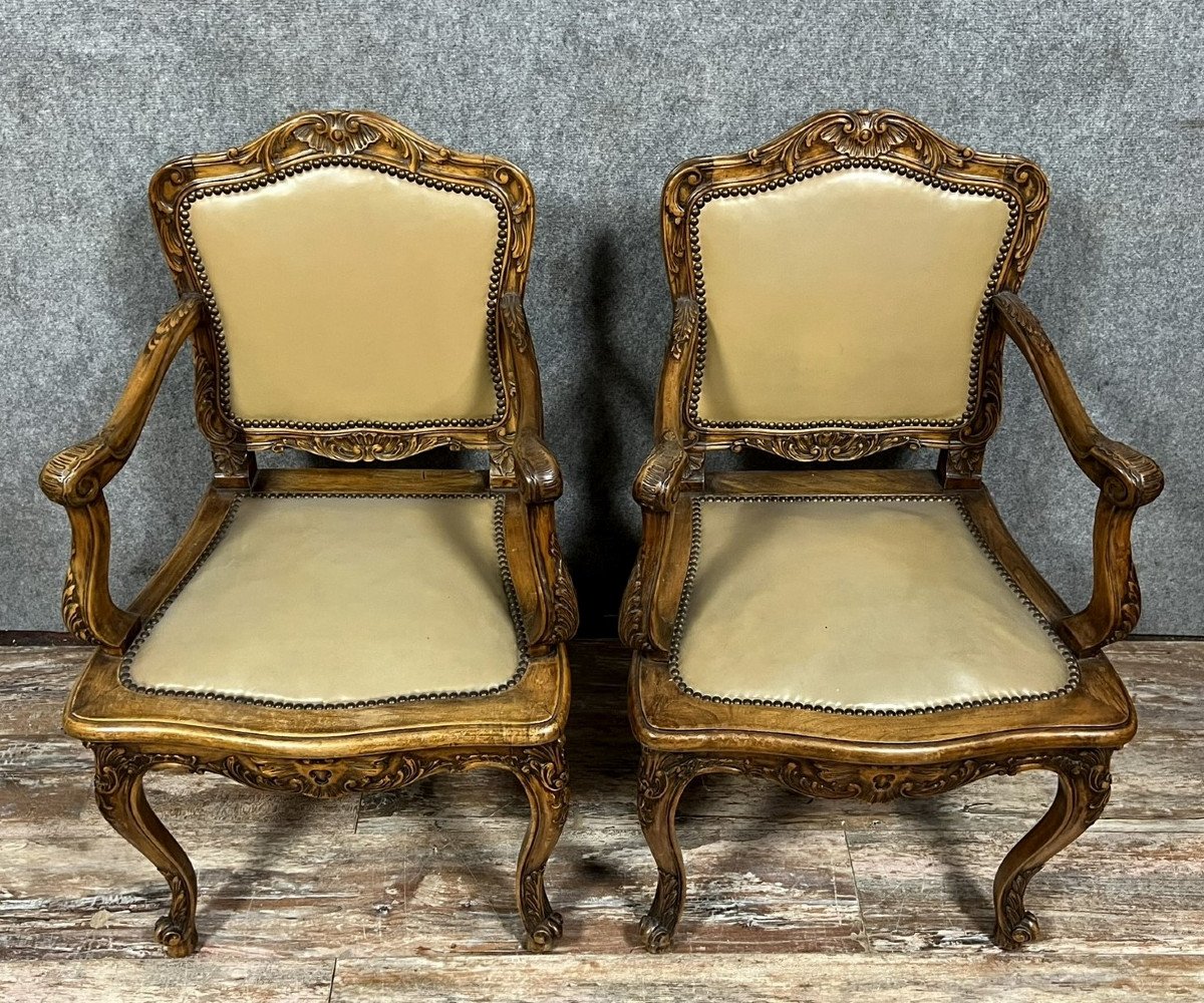 Pair Of Curved Louis XV Style Office Armchairs In Walnut -photo-1