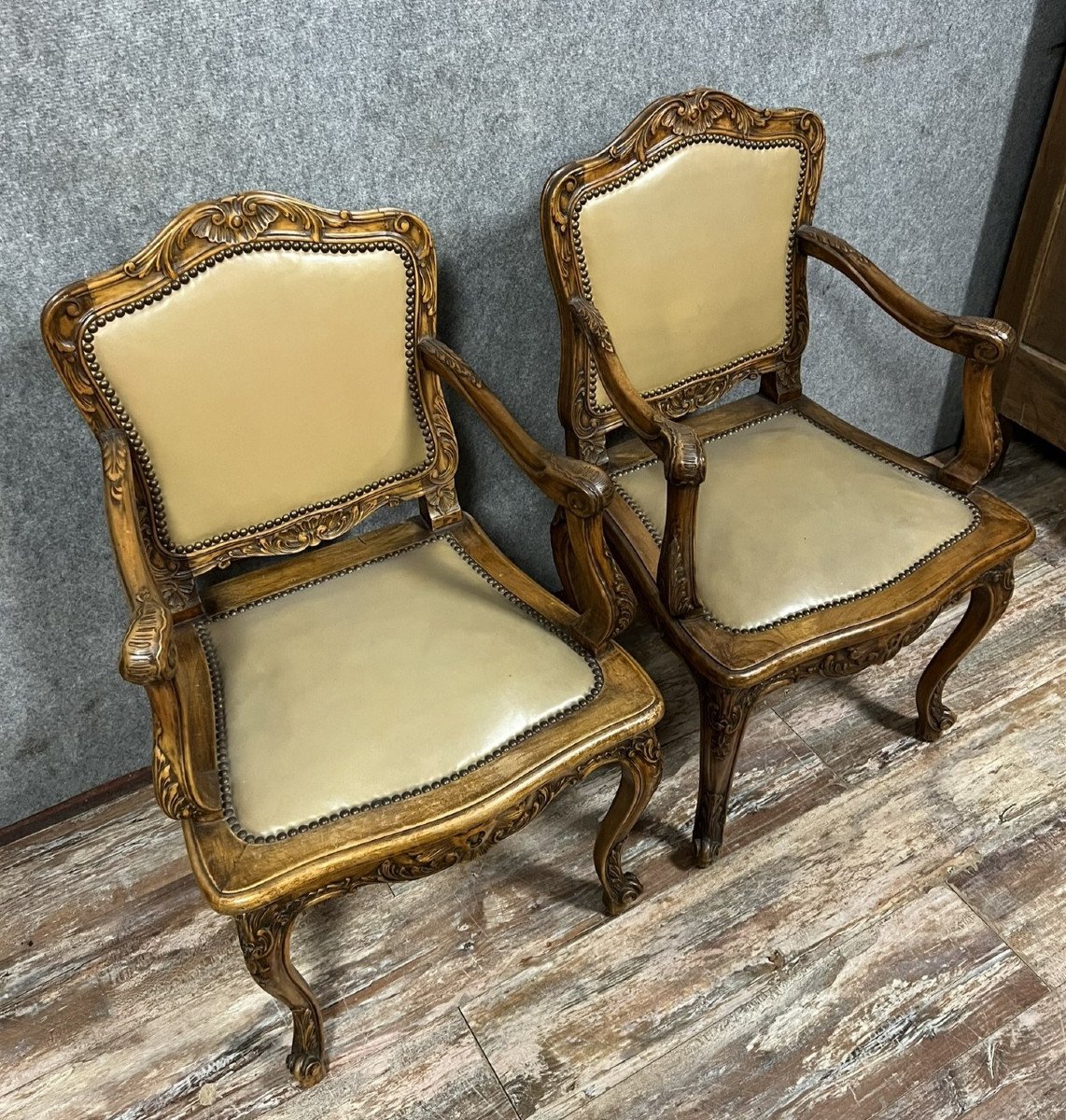 Pair Of Curved Louis XV Style Office Armchairs In Walnut -photo-2