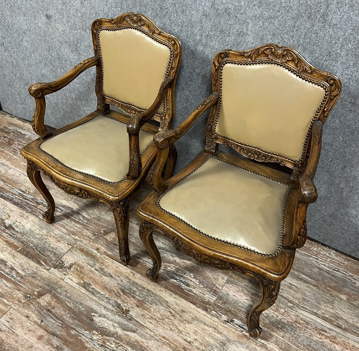 Pair Of Curved Louis XV Style Office Armchairs In Walnut -photo-3
