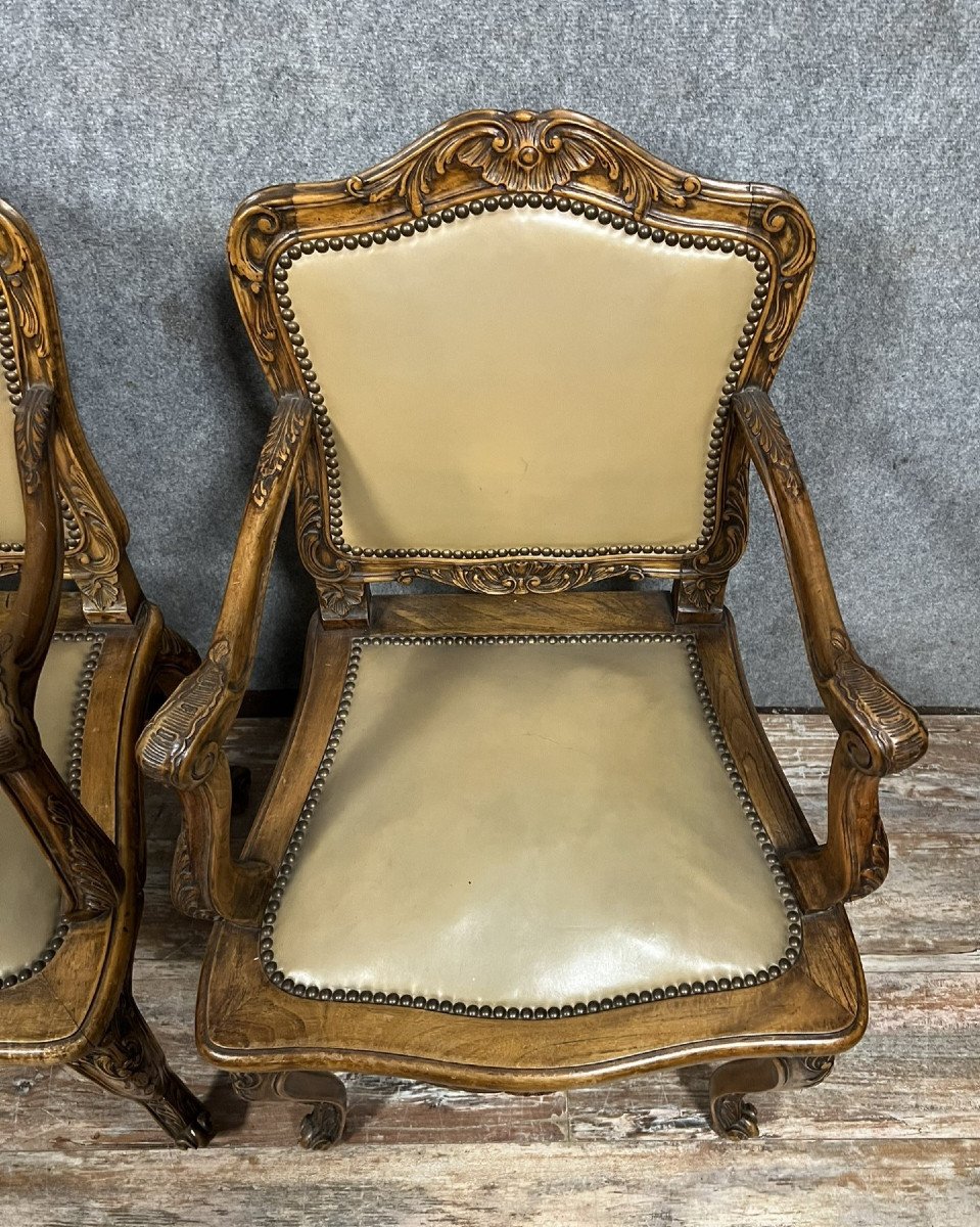 Pair Of Curved Louis XV Style Office Armchairs In Walnut -photo-4