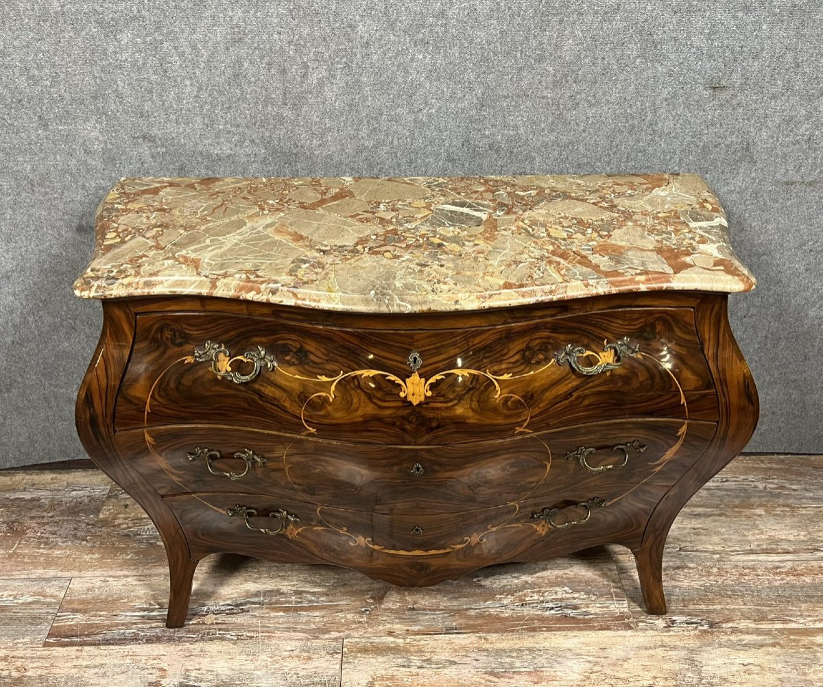 Large Curved Venetian Louis XV Style Commode In Marquetry-photo-1