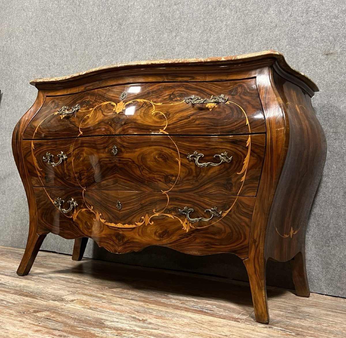 Large Curved Venetian Louis XV Style Commode In Marquetry-photo-3