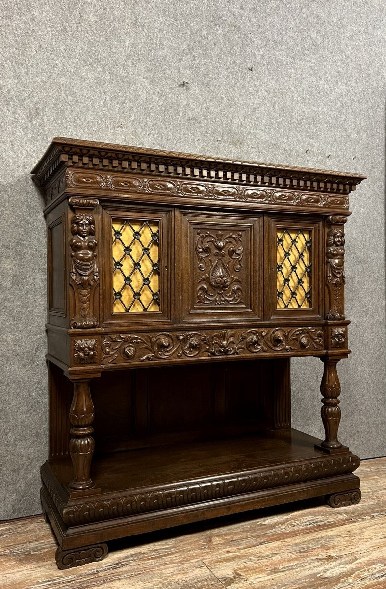 Cabinet Dressoir Style Renaissance En Noyer Et Chêne-photo-2