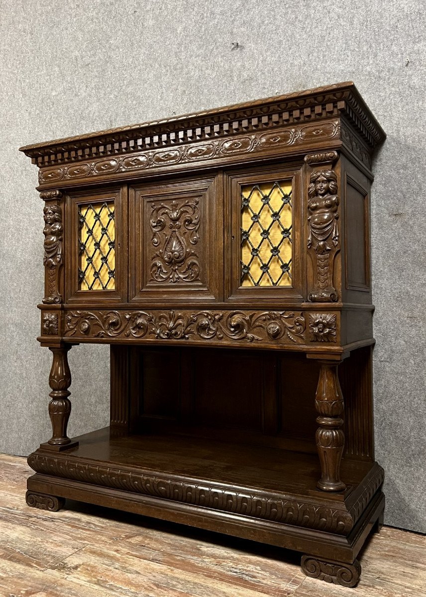 Cabinet Dressoir Style Renaissance En Noyer Et Chêne-photo-3