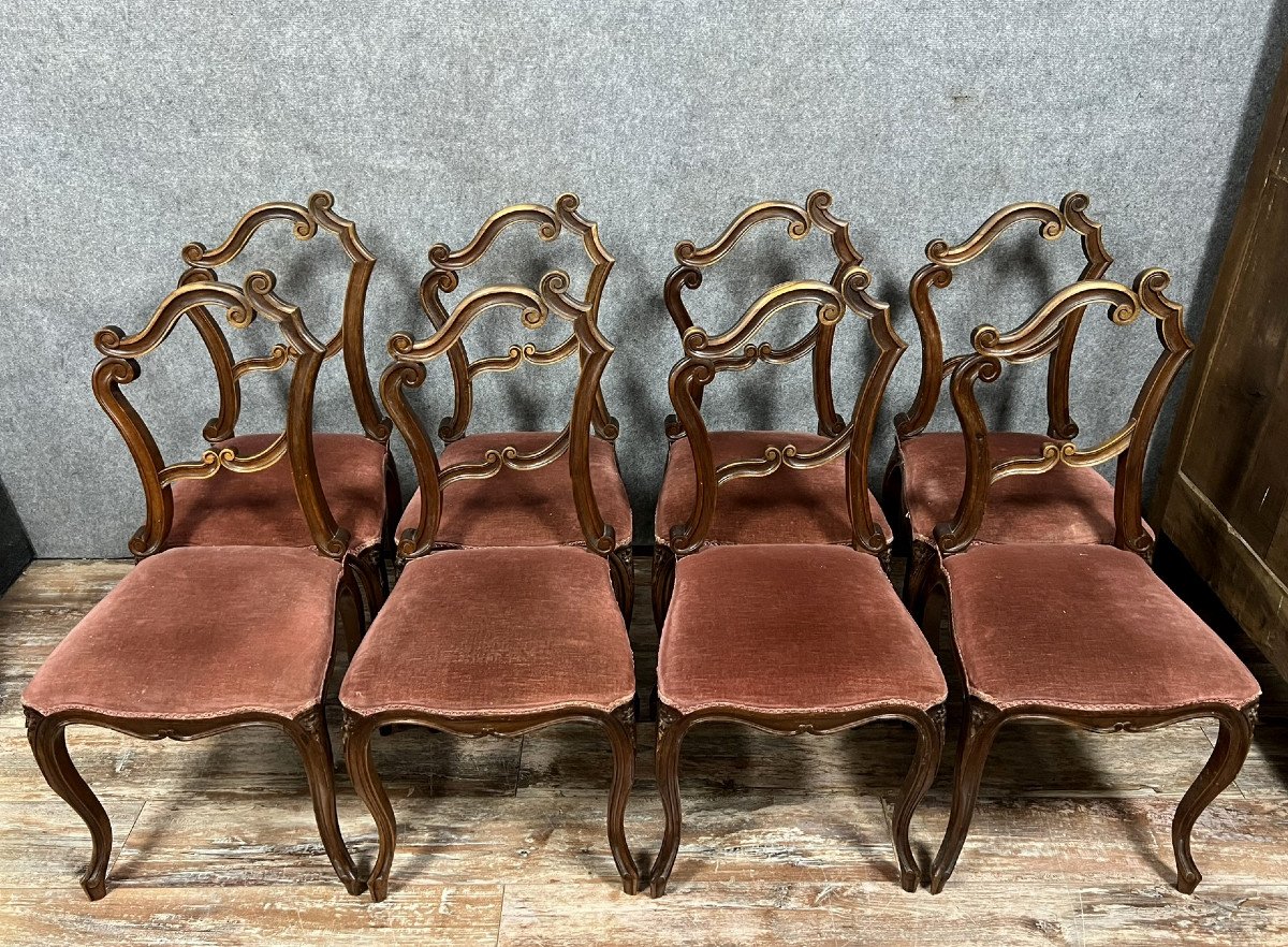 Série De 8 Chaises "clé De Sol" Style Louis XV Rocaille En Noyer-photo-1