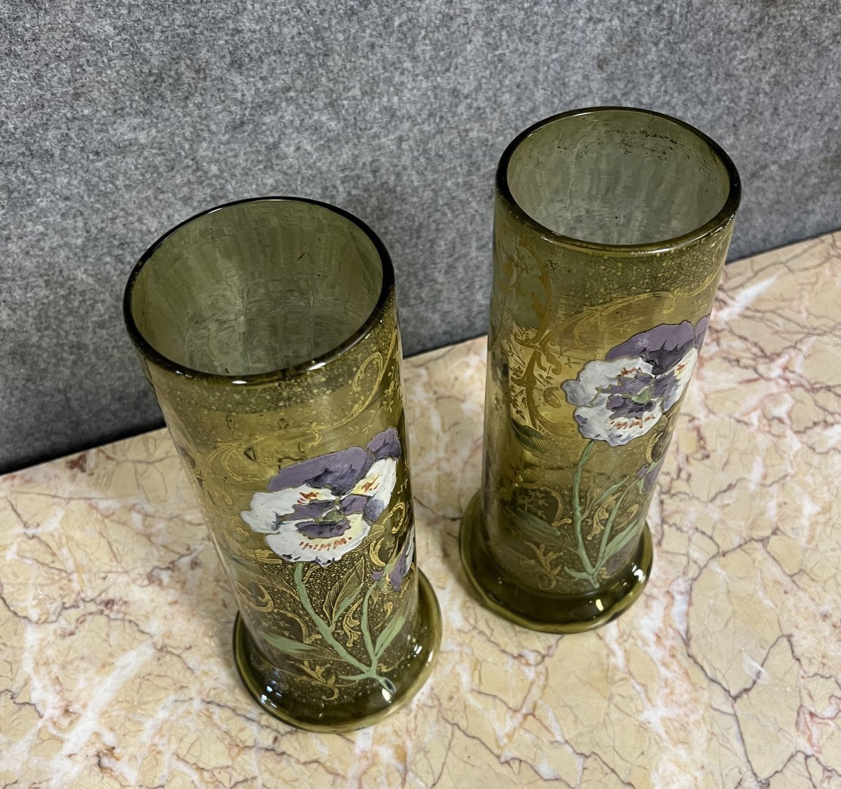Large Pair Of Enameled Glass Roller Vases Decorated With Flowers (pansies)-photo-2