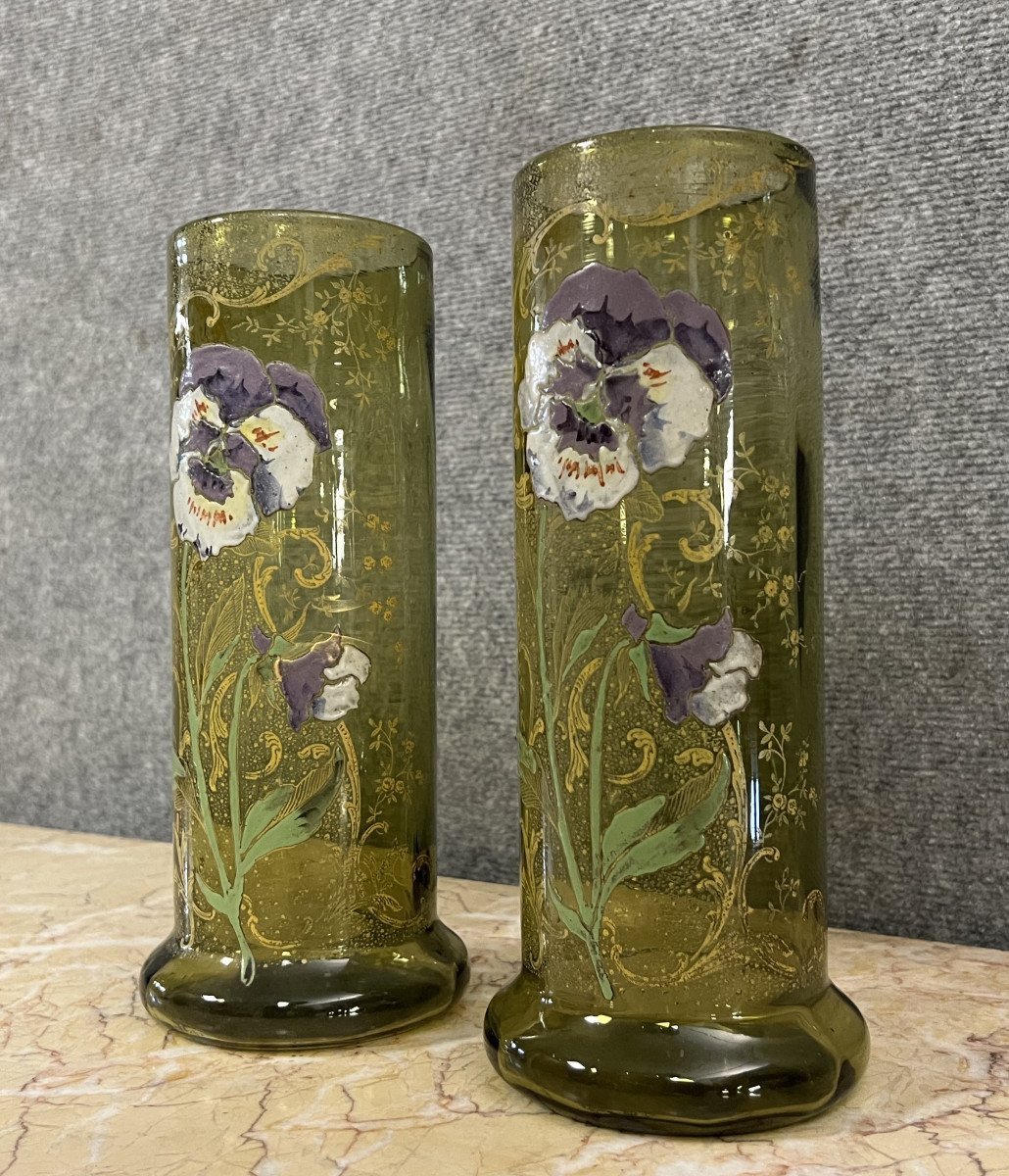 Large Pair Of Enameled Glass Roller Vases Decorated With Flowers (pansies)-photo-3