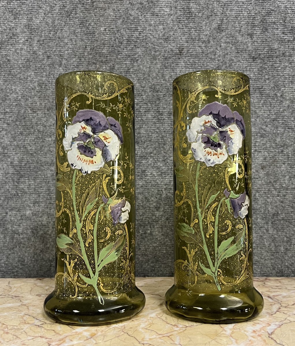 Large Pair Of Enameled Glass Roller Vases Decorated With Flowers (pansies)-photo-5