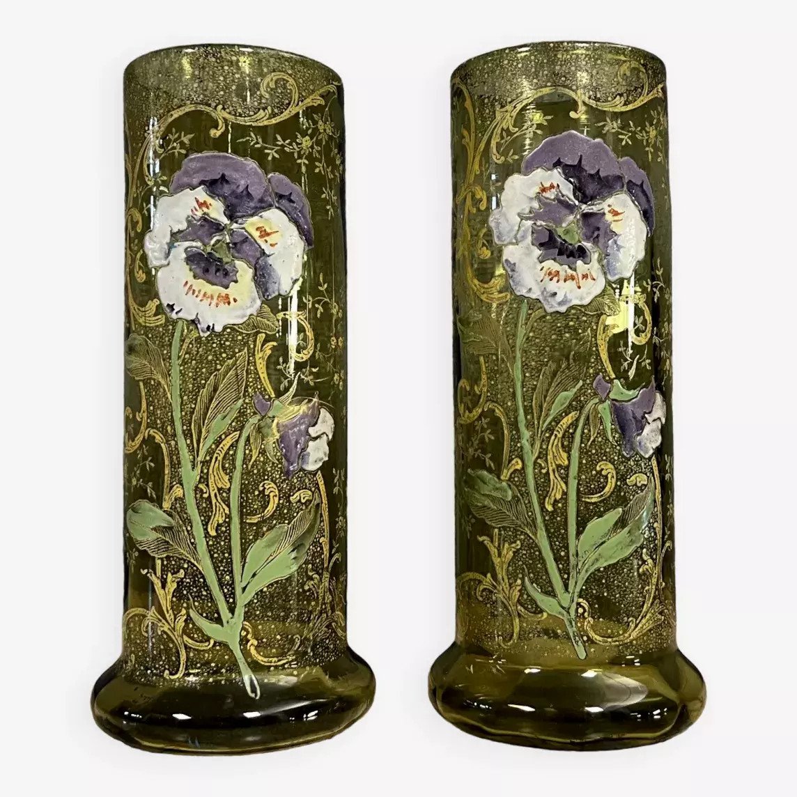 Large Pair Of Enameled Glass Roller Vases Decorated With Flowers (pansies)