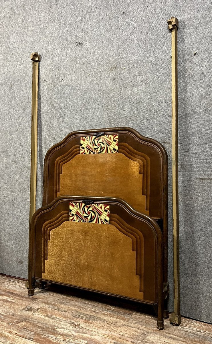 Art Nouveau Period Bed In Painted Iron Faux Wood With Stylized Patterns In Color -photo-3