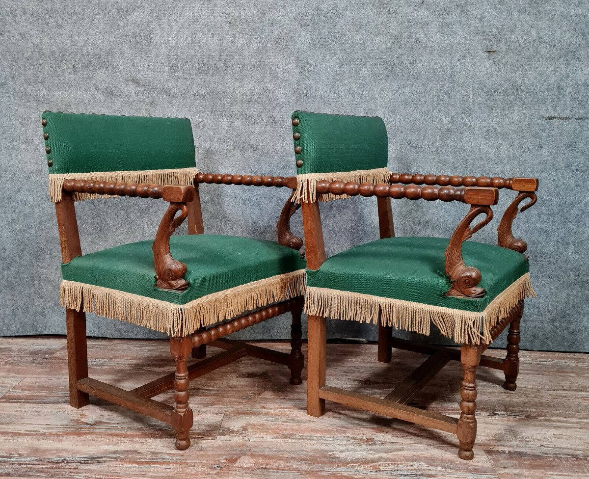 Pair Of Louis XIII Style Armchairs In Solid Oak -photo-2