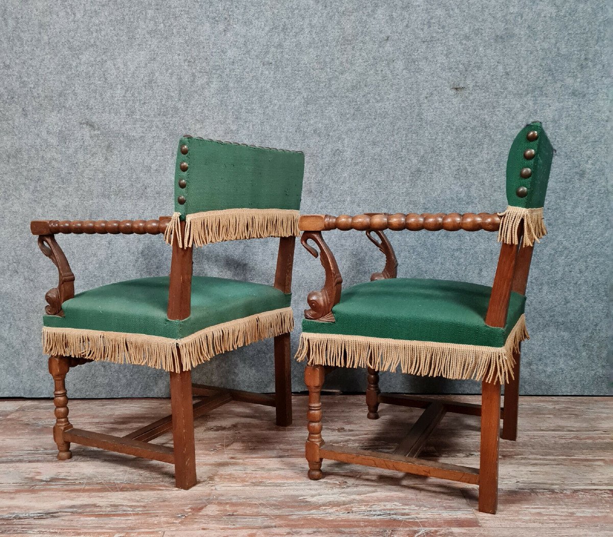 Pair Of Louis XIII Style Armchairs In Solid Oak -photo-5