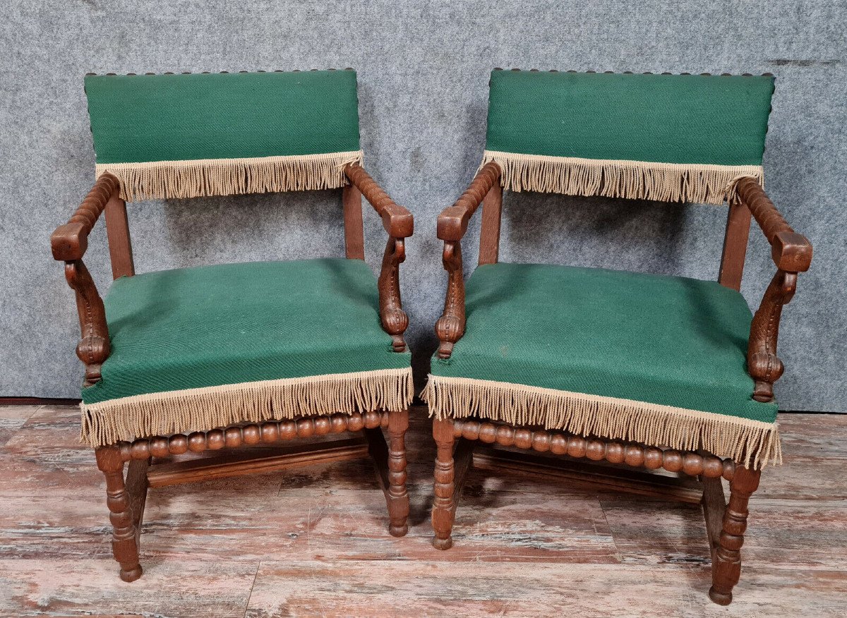 Pair Of Louis XIII Style Armchairs In Solid Oak 