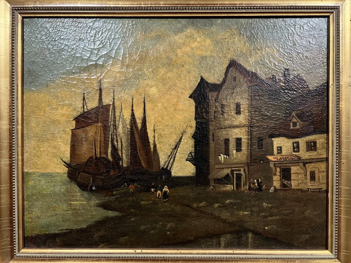 Oil On Canvas Napoleon III Period Depicting A View Of A Port In Brittany  -photo-4