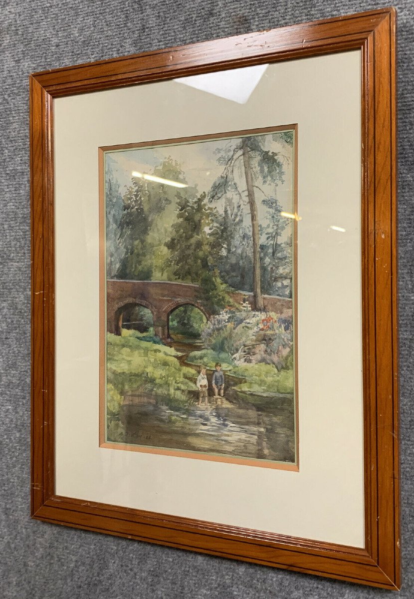 20th Century French School By Revillon Dated 1926: Watercolor "bathing In The River" -photo-2