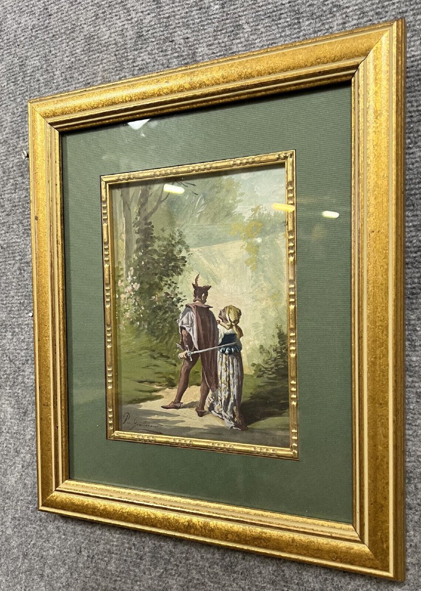 Pierre Guillermet: 19th Century Watercolor Depicting An Animated Undergrowth Scene-photo-3
