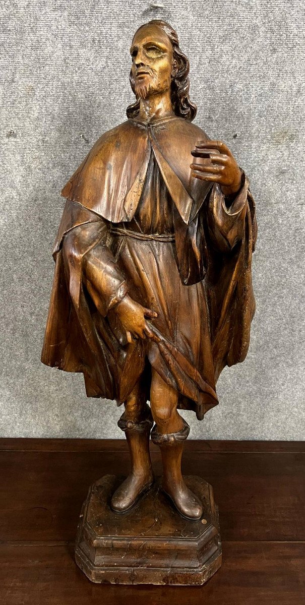 Italie XVII Eme : Saint Roch, Importante Sculpture En Ronde Bosse En Bois De Tilleul / H101 Cm-photo-3