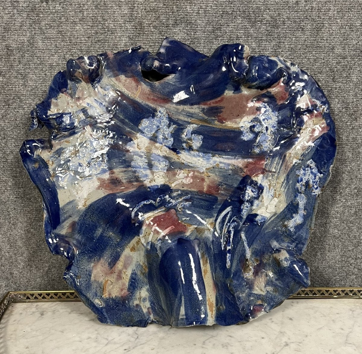 Large Enameled Terracotta Sculpture Dish With Blue Background  -photo-1