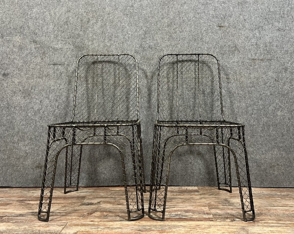 Rare Pair Of Industrial Design Chairs In Woven Iron -photo-1