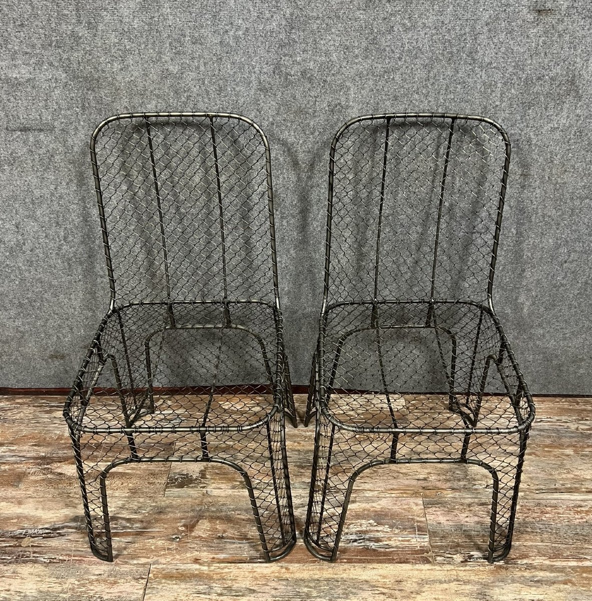 Rare Pair Of Industrial Design Chairs In Woven Iron 