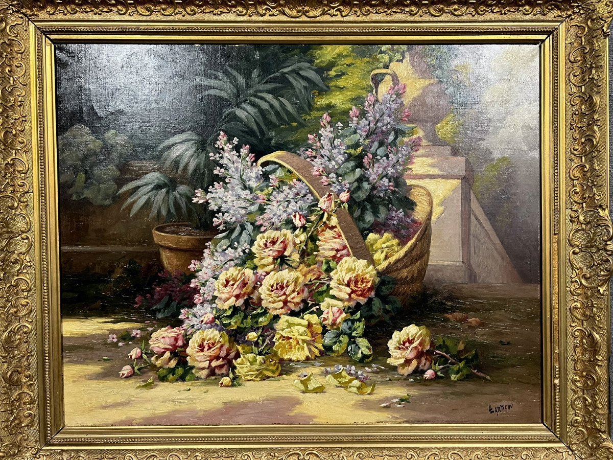  Louis Lartigau - French School From The End Of The 19th Century: Basket Of Flowers Placed In A Park  -photo-3