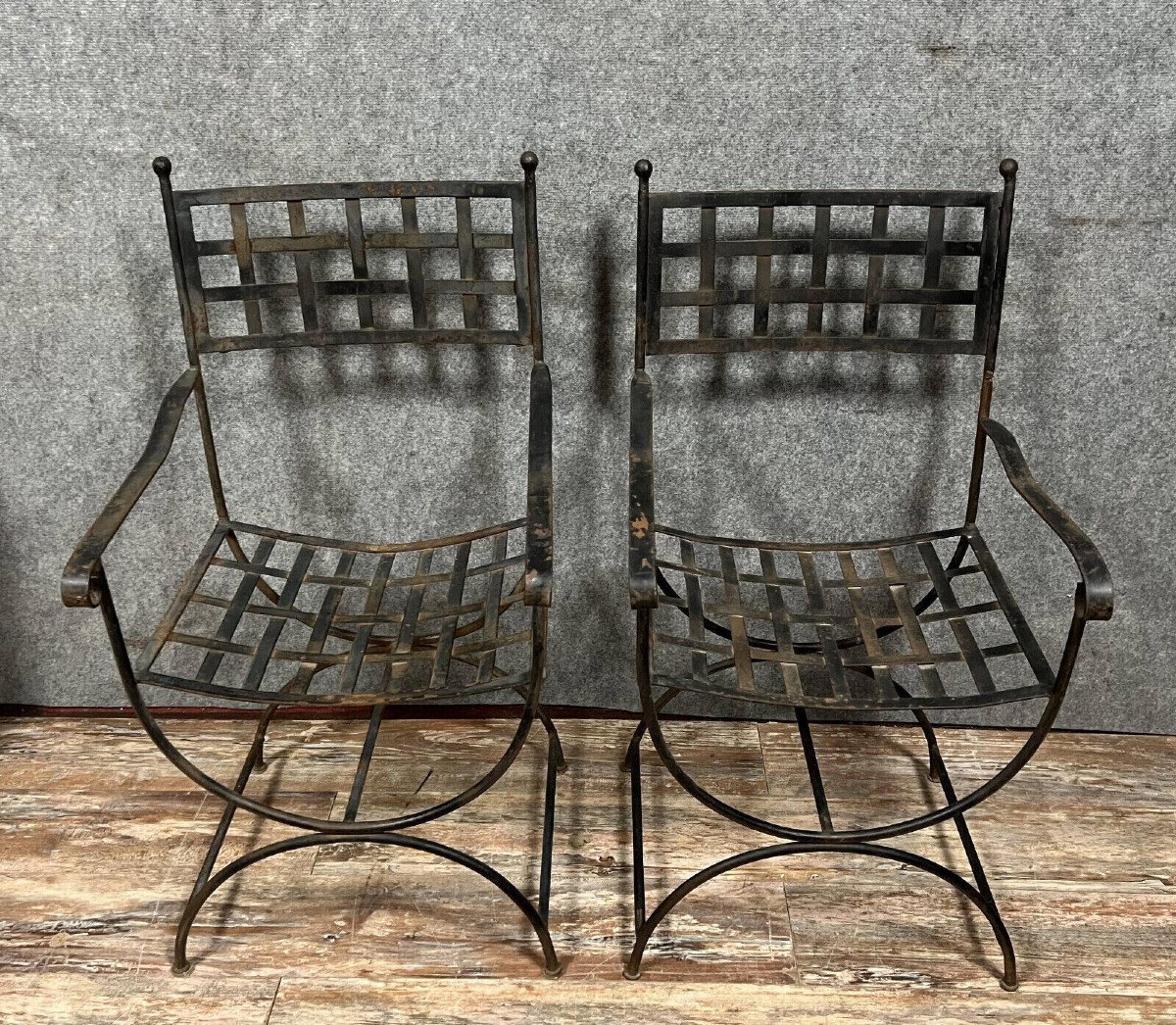 Pair Of Curules Neo Classic Style Armchairs In Iron -photo-2