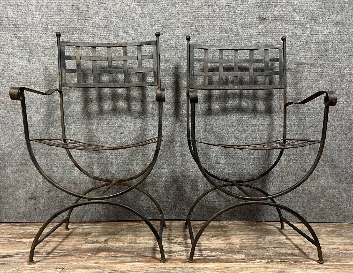Pair Of Curules Neo Classic Style Armchairs In Iron 