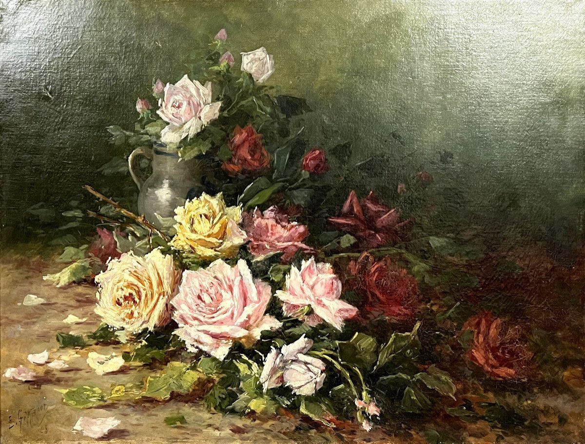 Emile Gauffriaud (1877-1957) : Grande Huile Sur Toile Nature Morte Aux Roses Datée De 1918-photo-1