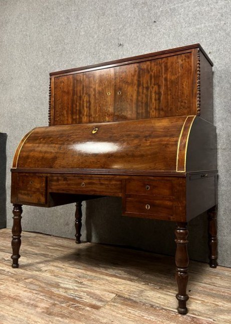 Important Louis Philippe Period Cylinder Desk / Restoration In Speckled Mahogany -photo-3