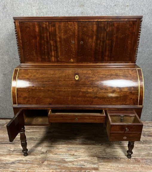 Important Louis Philippe Period Cylinder Desk / Restoration In Speckled Mahogany -photo-5