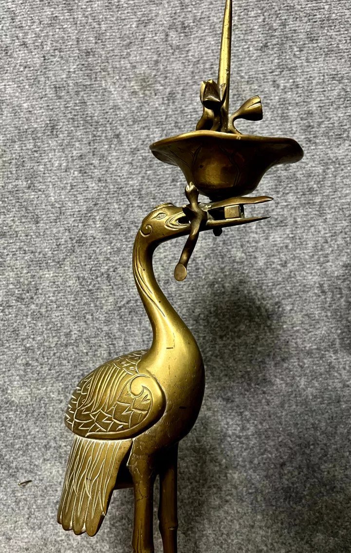 Asia 19th Century: Monumental Pair Of Candlesticks From The Meiji Period (1868-1912) In Gilt Bronze H68cm   -photo-1